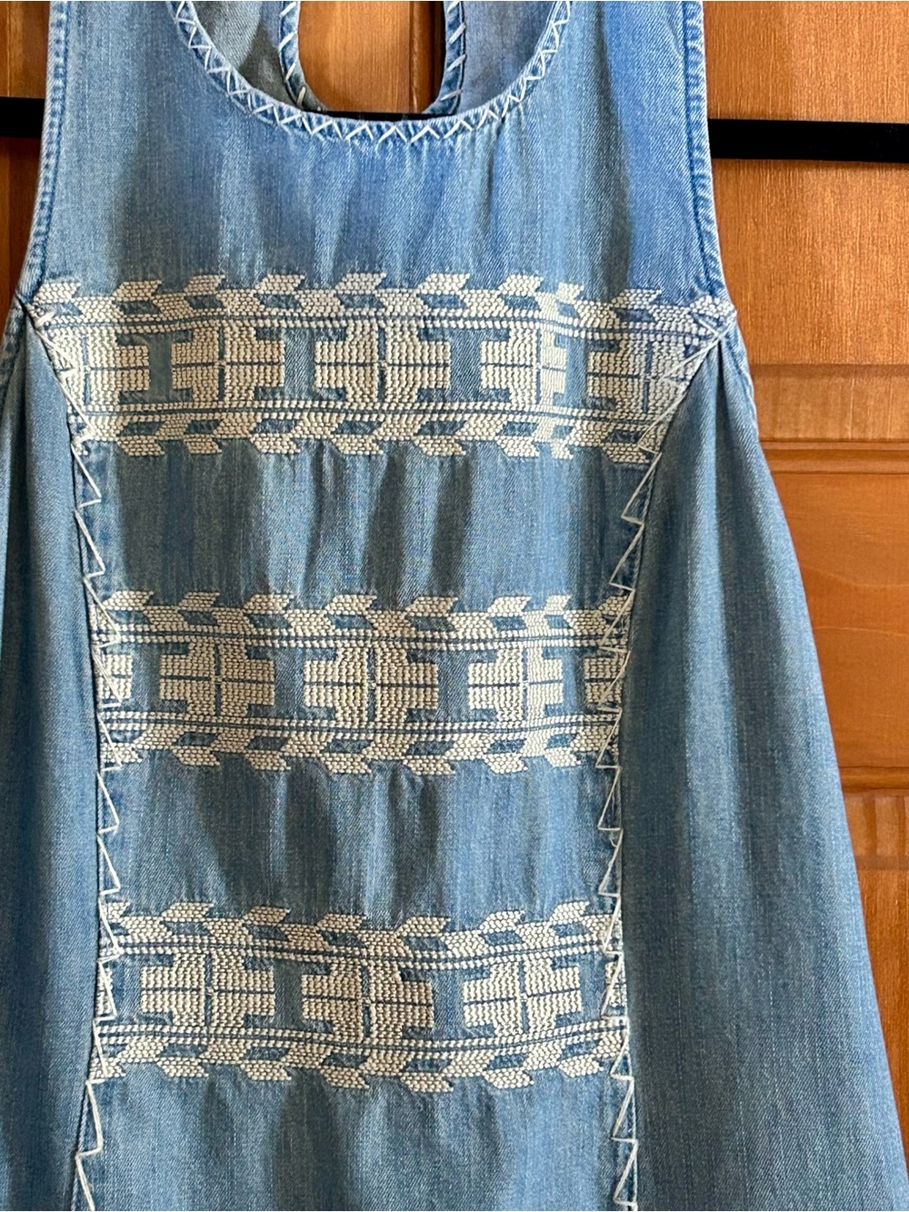 Free People Light Blue Denim Mini Dress with Cream Embroidery Accents - Picture 5 of 6